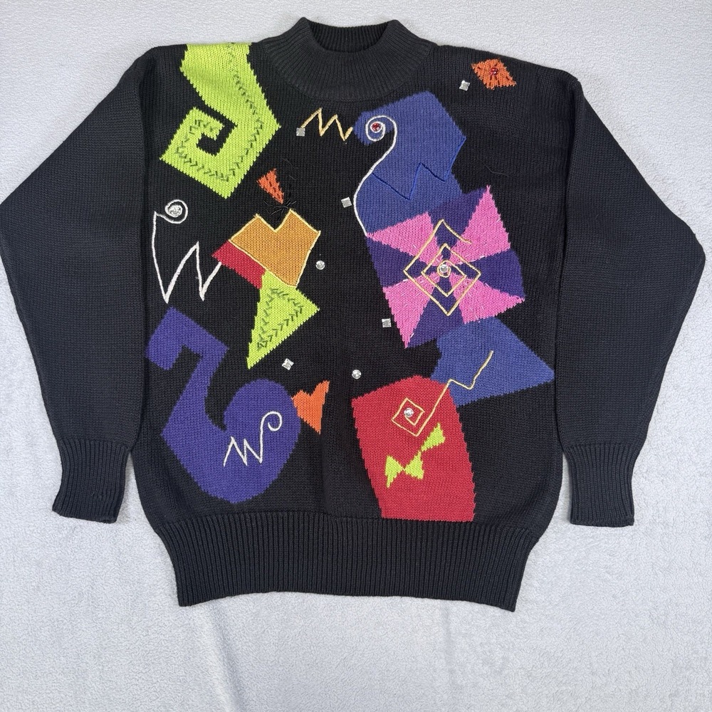 Vintage 90s Santoria Geometric Rhinestone Beaded Pullover Sweater Size Medium